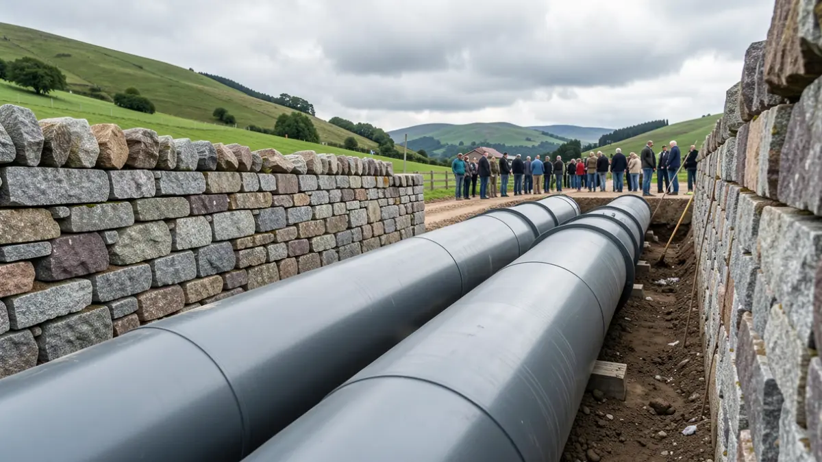 Imaxe xenérica de tubaxes de saneamento instalándose nunha zona rural galega con construcións de pedra.