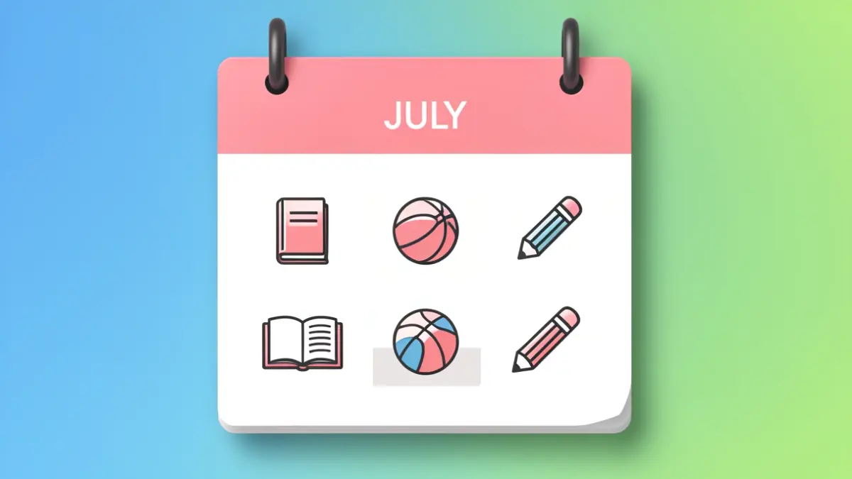 Imaxe xenérica dun calendario co mes de xullo resaltado e iconas de actividades deportivas e educativas.