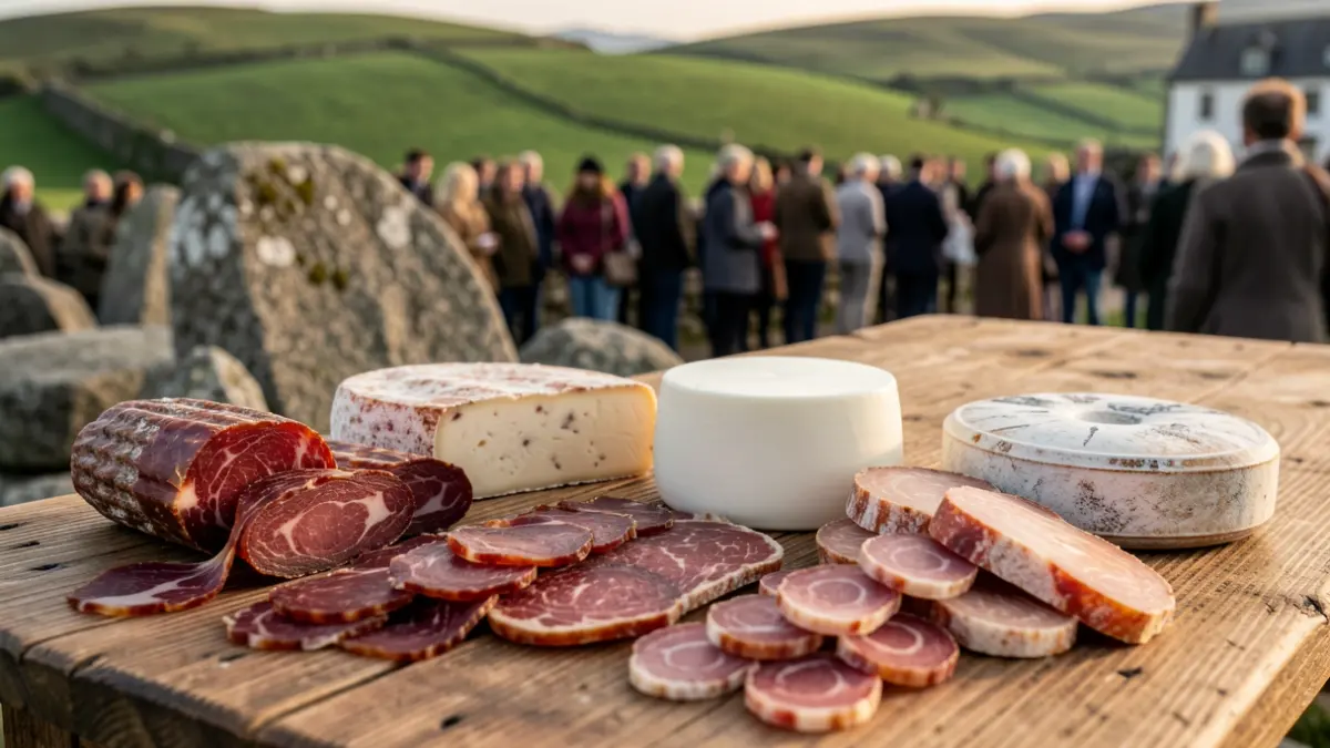 Imaxe de produtos alimentarios artesanais galegos, como derivados cárnicos e lácteos, presentados nunha mesa de madeira rústica.