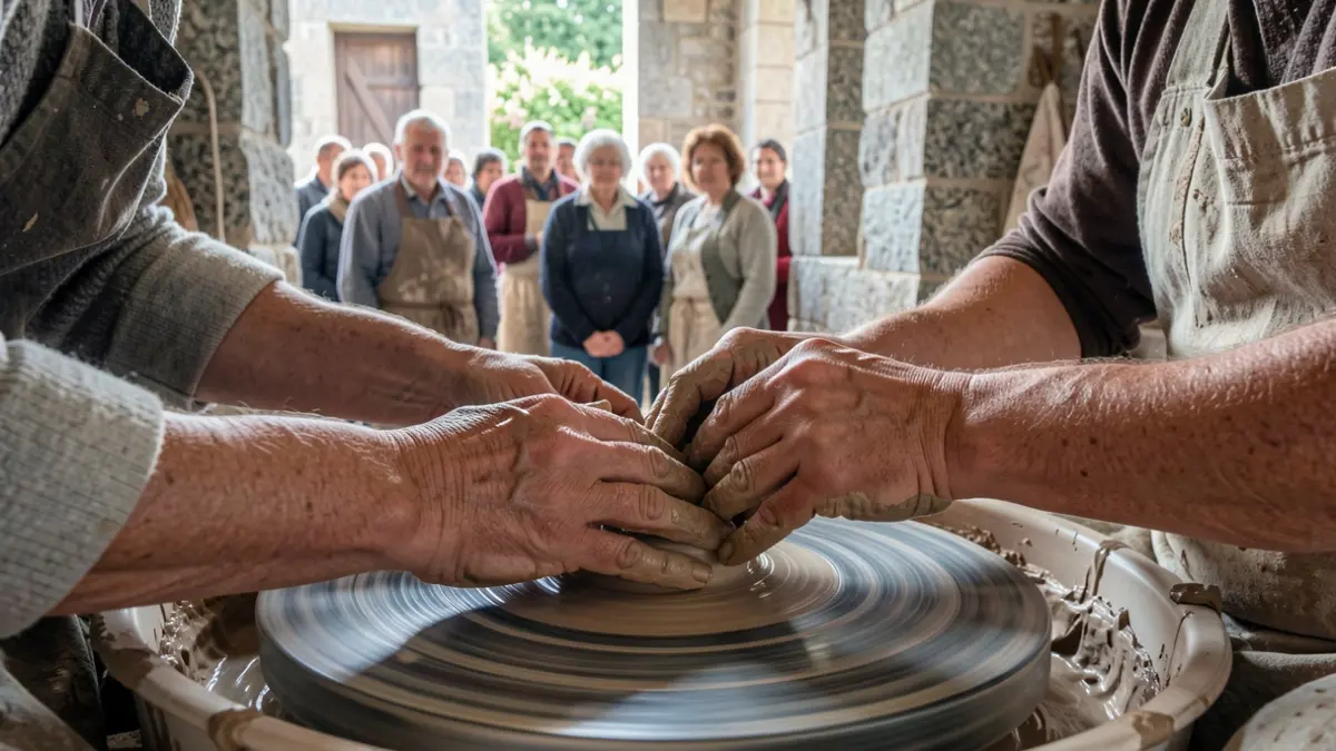 Primeiro plano de mans traballando con arxila nun torno de oleiro, nun obradoiro artesanal tradicional galego con paredes de pedra e luz natural.