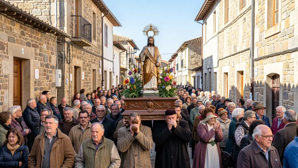 Imaxe dunha procesión relixiosa en Galicia co santo Santiago Apóstol.