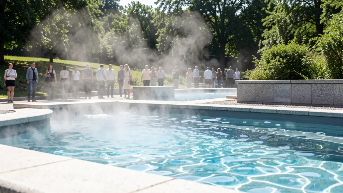 Imagen genérica de piscinas termales al aire libre con vapor ascendiendo.