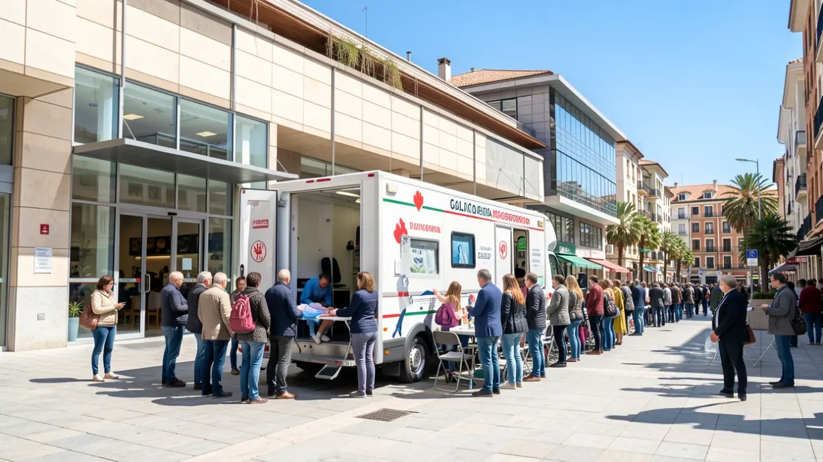Unidade móbil de doazón de sangue diante do centro comercial As Cancelas en Santiago de Compostela.