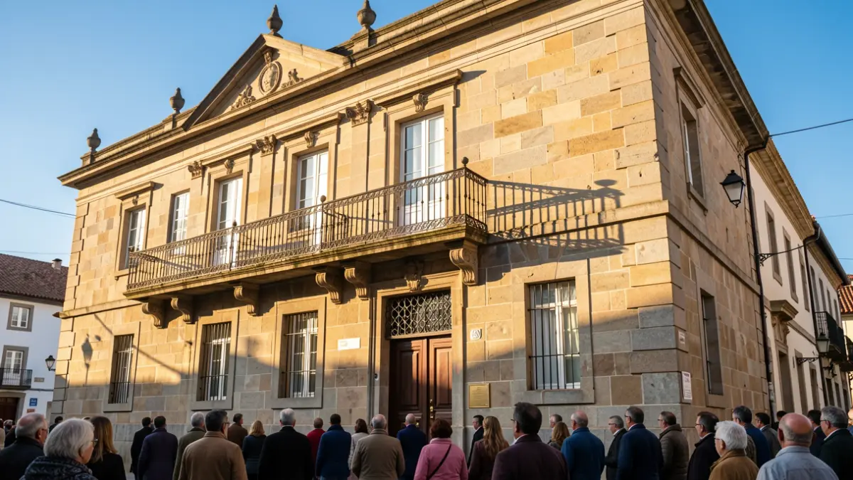 Imaxe xenérica dunha fachada de Concello galego de granito con balcón ornamentado e ceo azul.