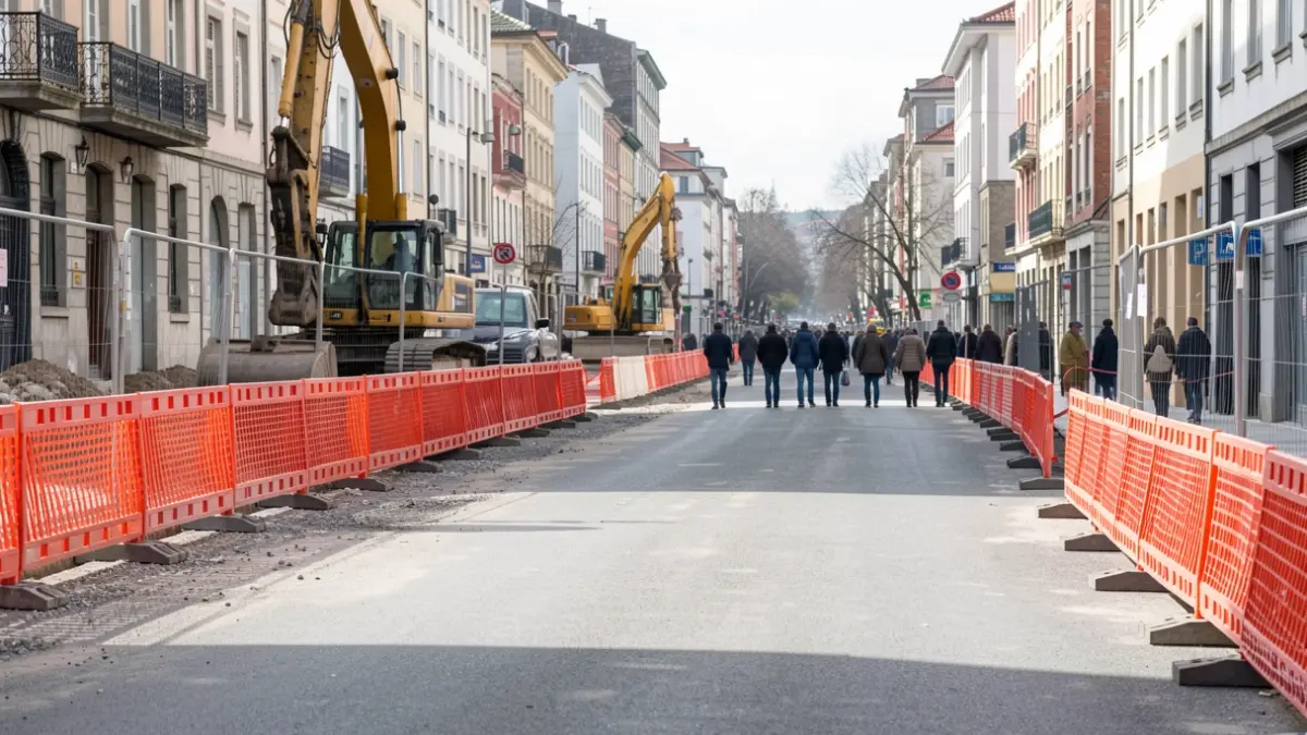 Imagen de una zona de obras en una vía urbana con vallas de seguridad.