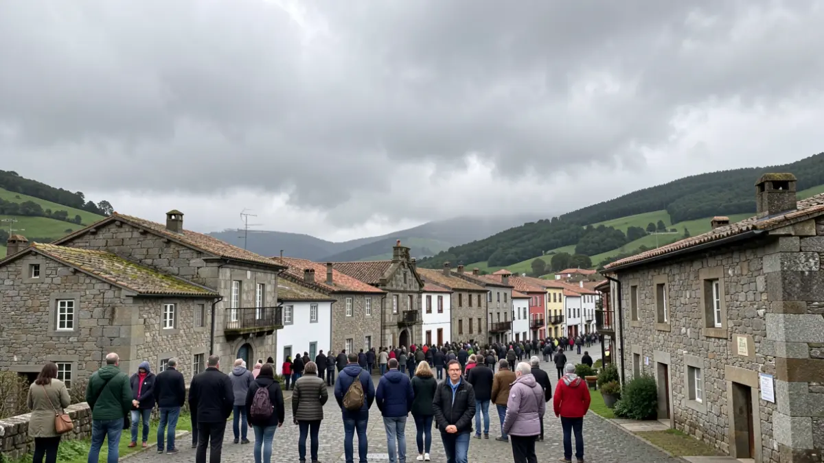 Imagen genérica de un cielo nublado sobre As Pontes de García Rodríguez con arquitectura de granito.