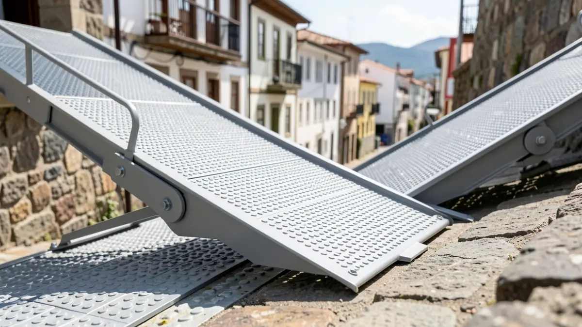 Primer plano de una rampa mecánica instalada en una calle con mucha pendiente en Vigo.