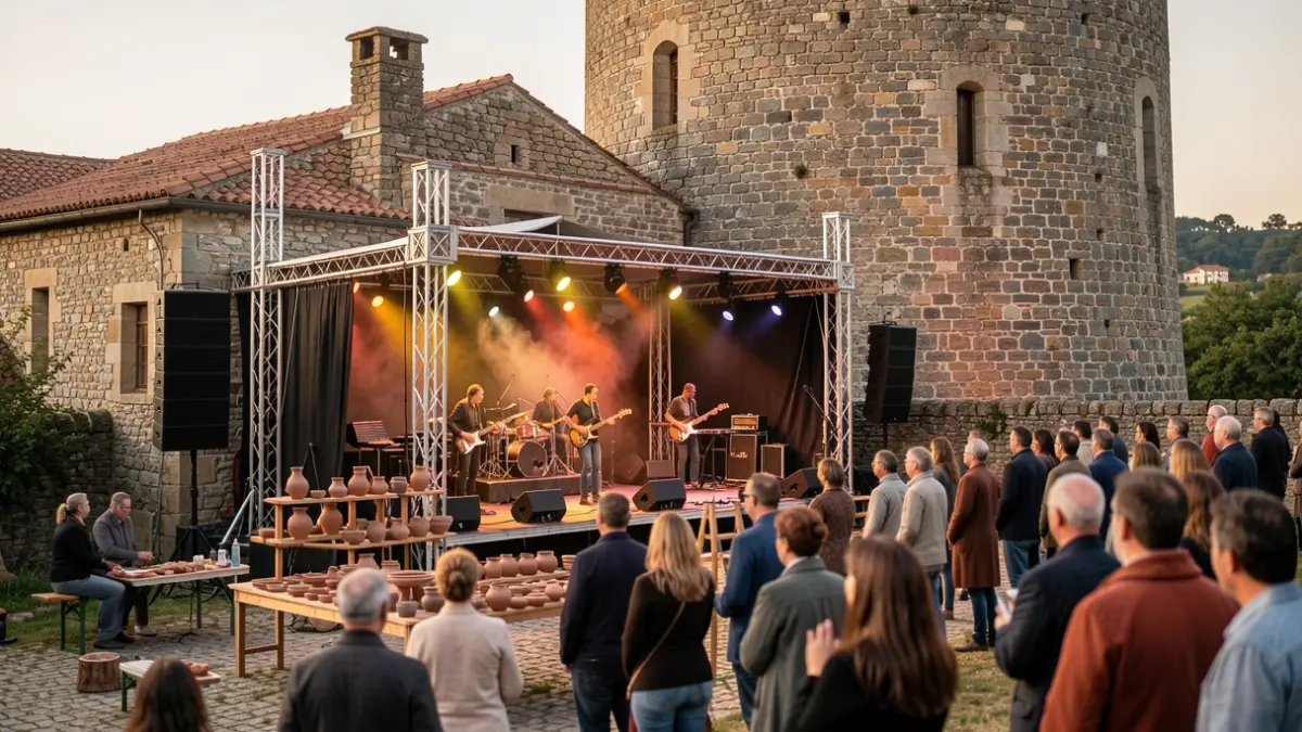 Imagen de un evento cultural al aire libre con un escenario y exposición de alfarería.