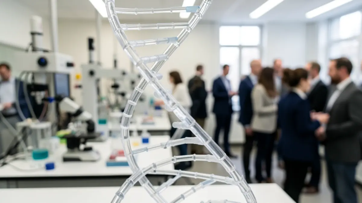 Primeira plana dun modelo de hélice de ADN con equipo de laboratorio desenfocado.