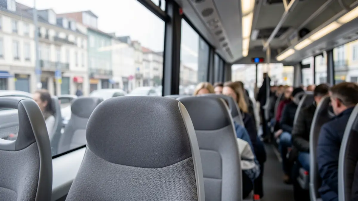 Imaxe dun interior de autobús moderno en A Coruña, con asentos limpos e unha vista borrosa da cidade.
