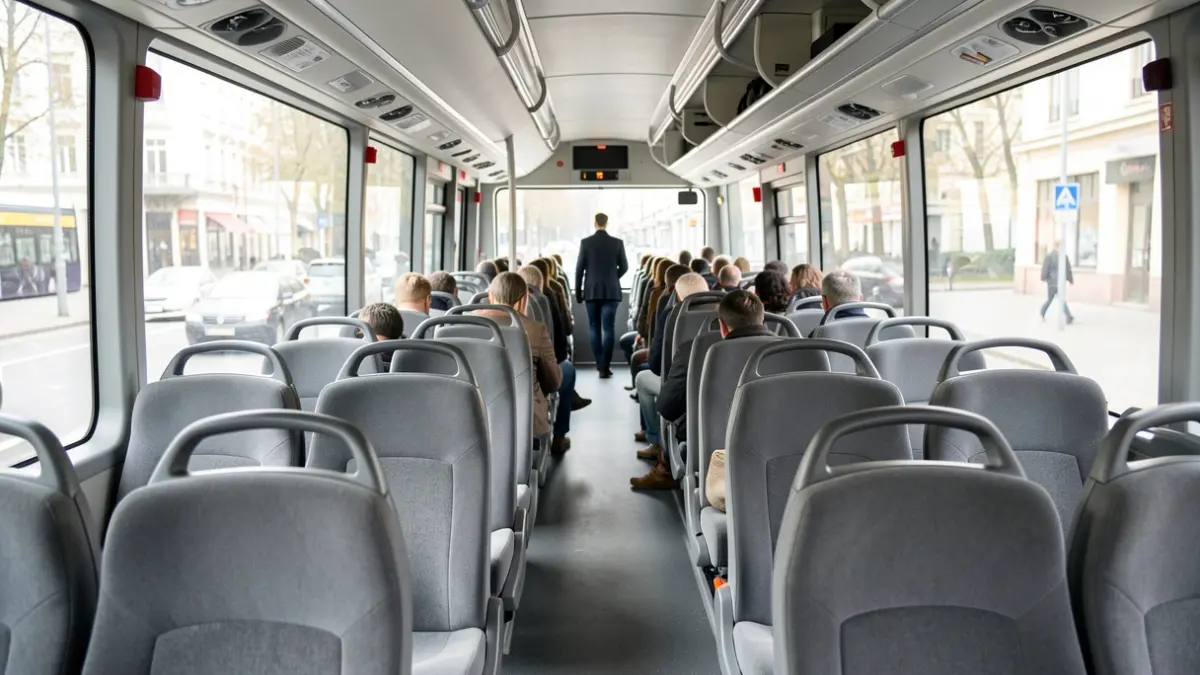 Imaxe xenérica dun interior de autobús moderno con asentos baleiros.