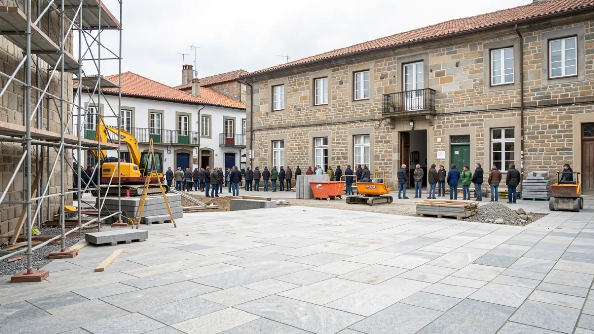 Imagen genérica de obras en una plaza gallega con edificios de piedra.