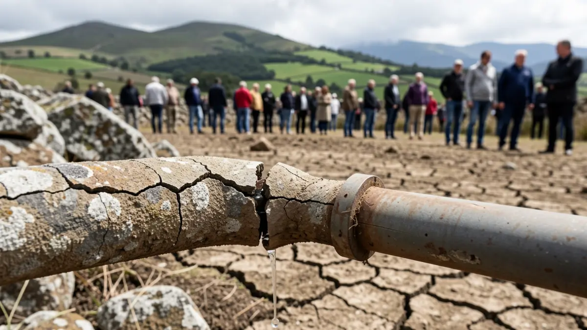 Imagen de una tubería de agua rota con un pequeño flujo de agua, en un paisaje seco de Galicia.