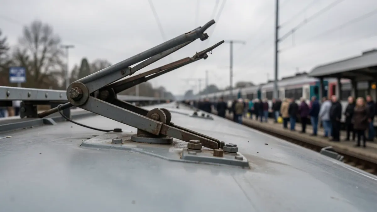 Primer plano de un pantógrafo dañado en el techo de un tren, con vías de ferrocarril borrosas y un cielo gris y nublado de fondo.