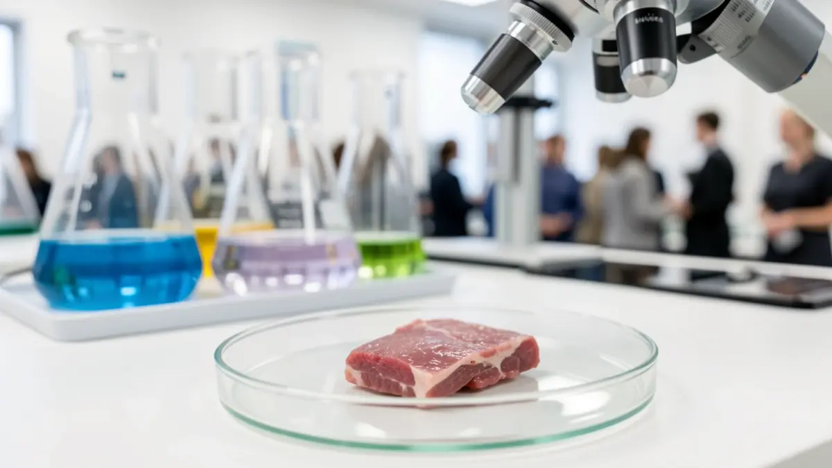 Primer plano de una muestra de carne en un laboratorio.