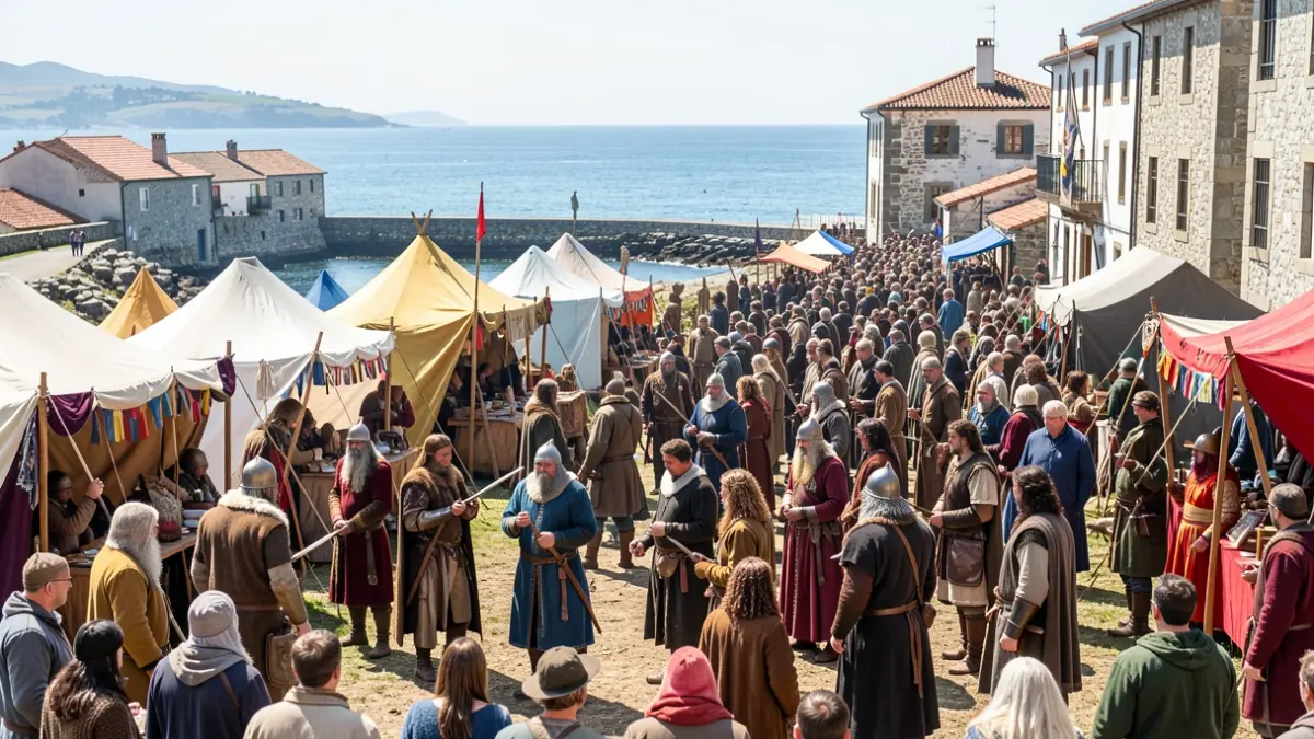 Imaxe dun festival viquingo nunha vila costeira galega con recreadores e tendas.