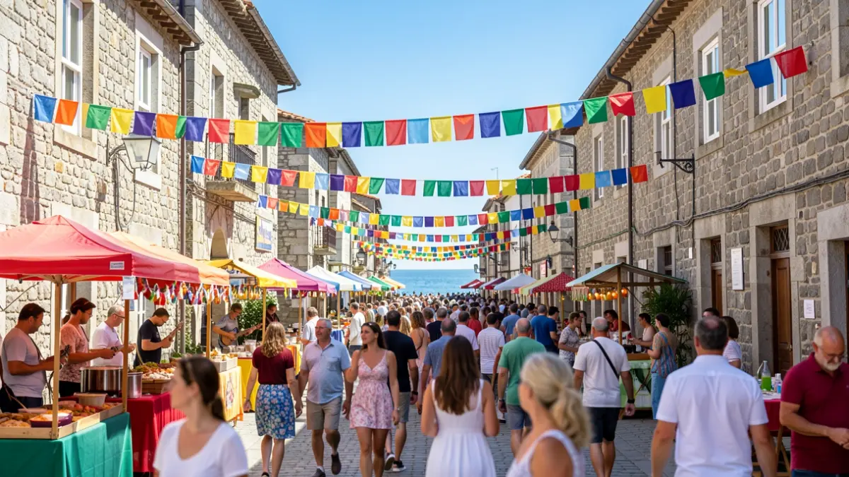 Imaxe xenérica dunha rúa costeira galega con festas, bandeiras e xente.