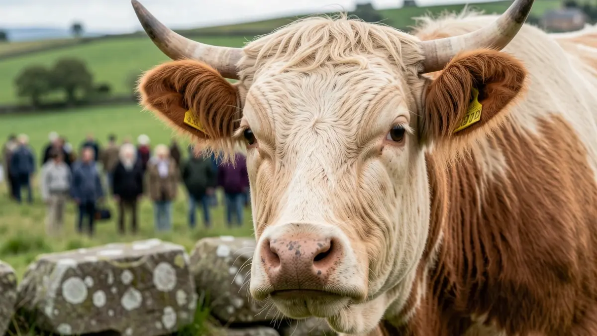 Primer plano de la cabeza de una vaca Cachena con fondo de campos gallegos y piedra de granito.