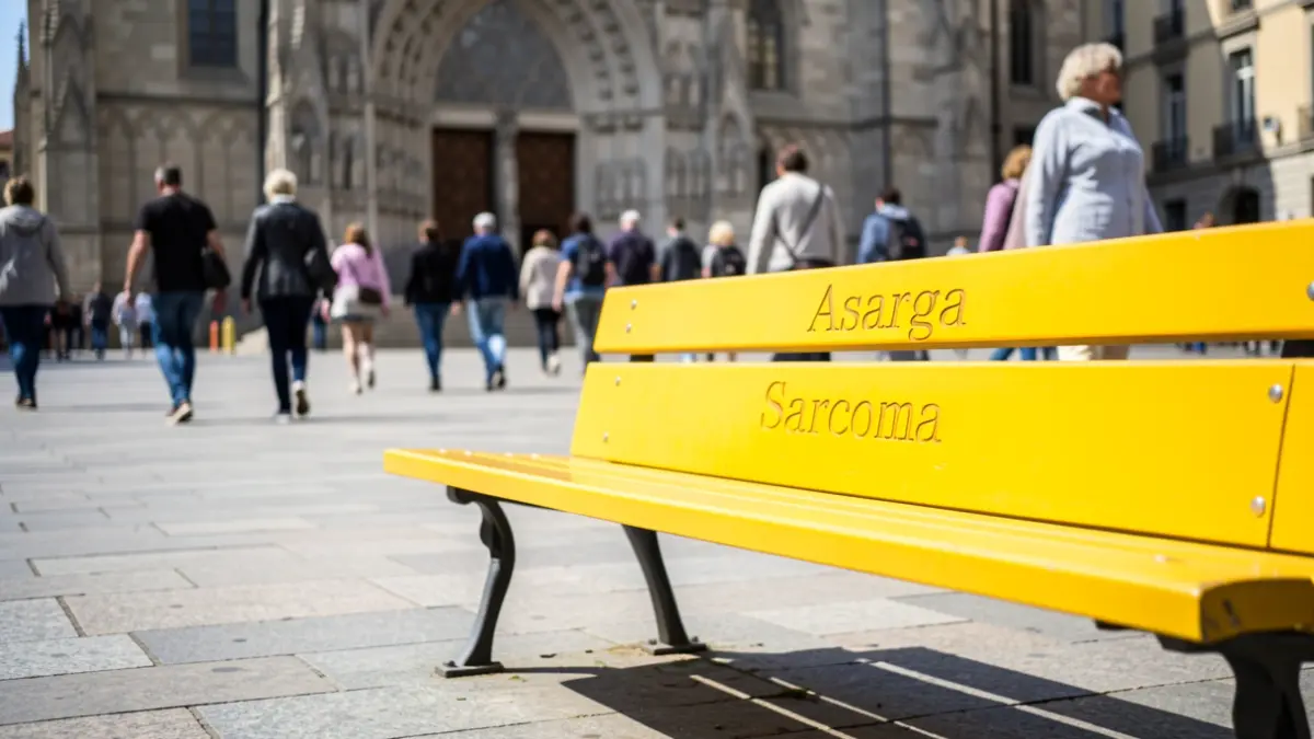 Banco amarelo conmemorativo do sarcoma na rúa San Andrés da Coruña.