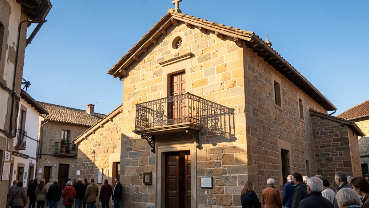 Fachada dunha igrexa tradicional de pedra nunha vila galega.