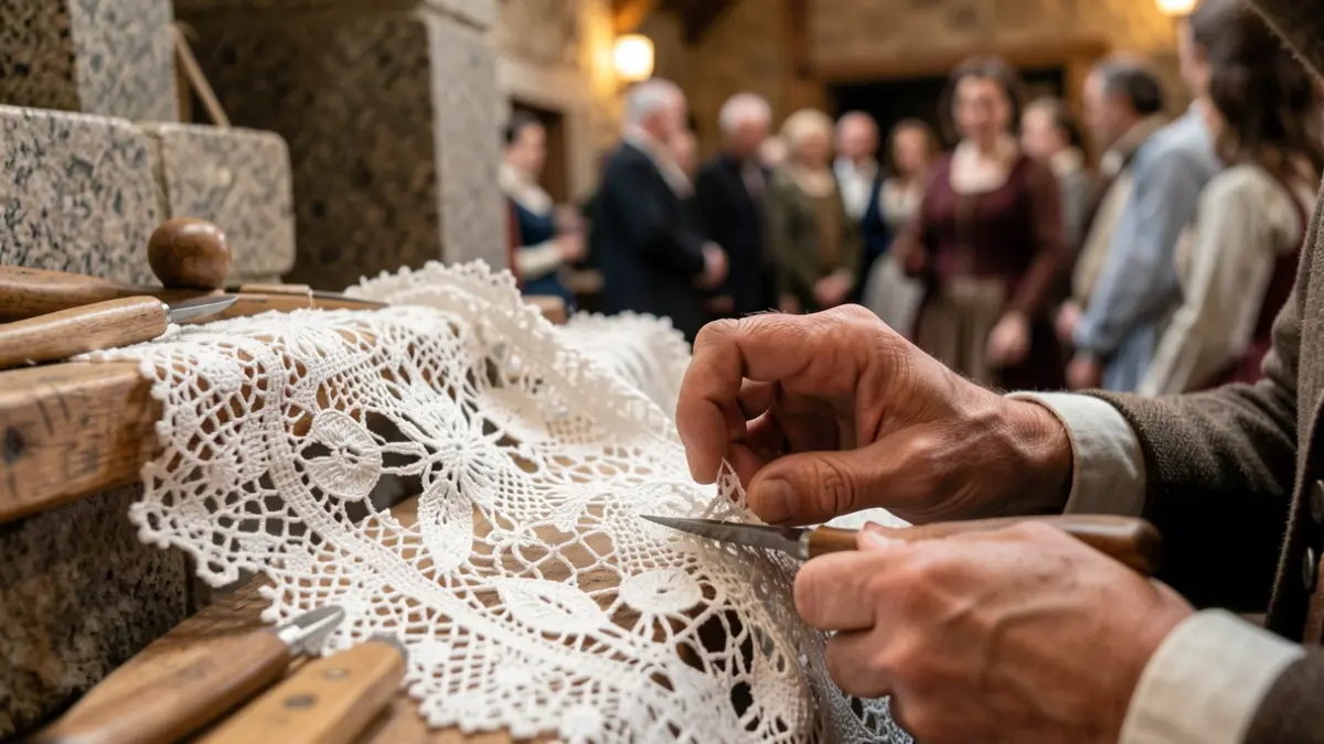 Primeiro plano de encaixe de bolillos feito a man en Camariñas, con ferramentas tradicionais e fondo rústico.