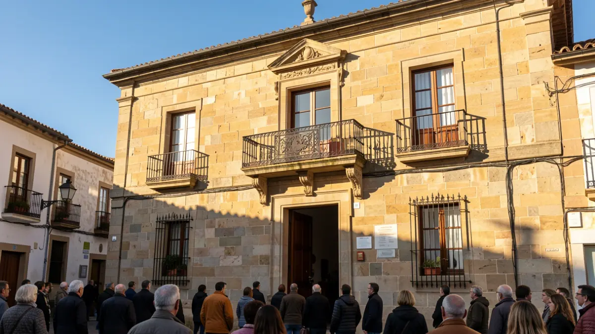 Fachada de un ayuntamiento tradicional de piedra en Galicia con balcón ornamentado y barandillas de hierro. Cálida luz de la tarde proyectando sombras en las paredes de arenisca. Cielo azul.