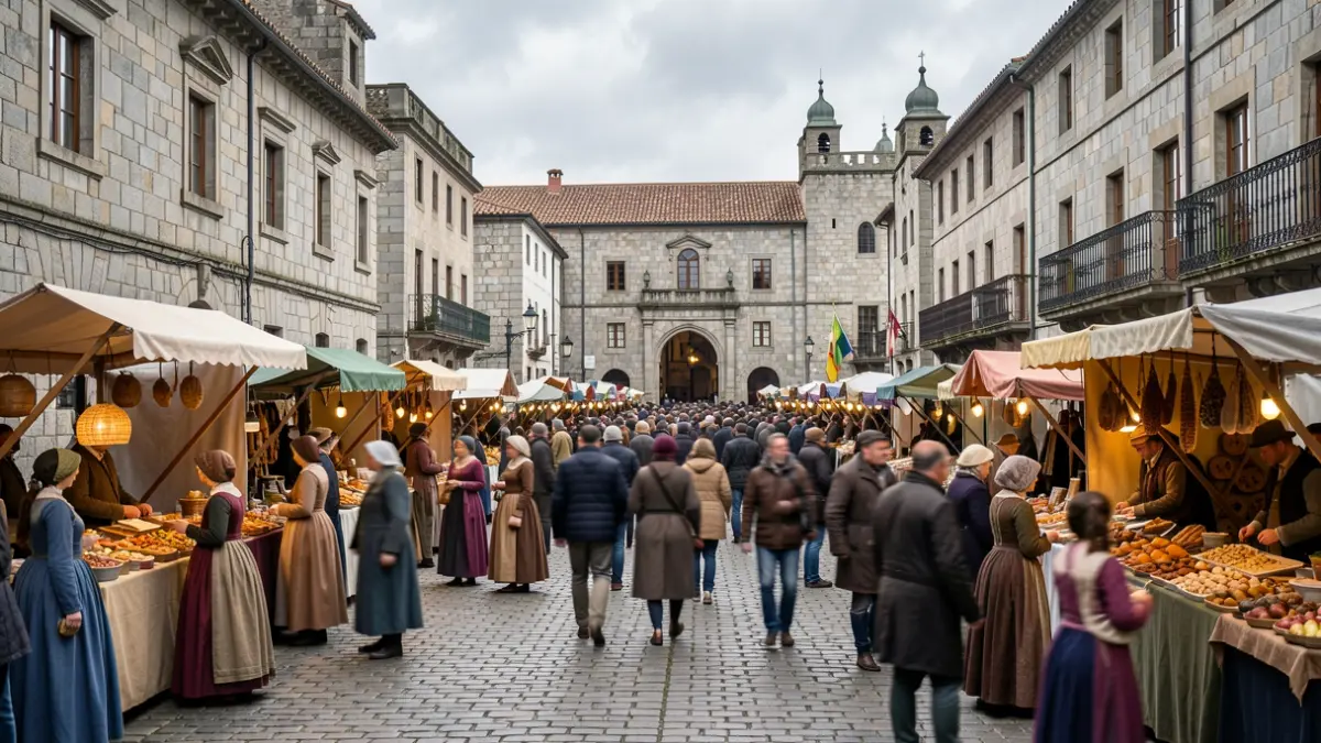 Imagen de una feria medieval en Betanzos con puestos de artesanía y alimentación.