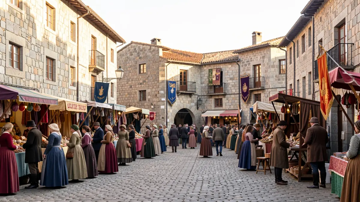 Imagen de una plaza medieval en Betanzos con puestos de artesanos y gente vestida de época.