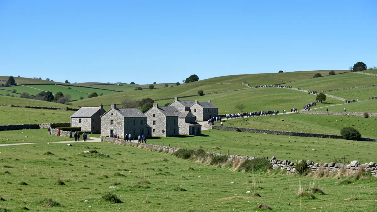 Imagen genérica de un cielo despejado sobre un paisaje gallego con colinas verdes y casas de piedra.