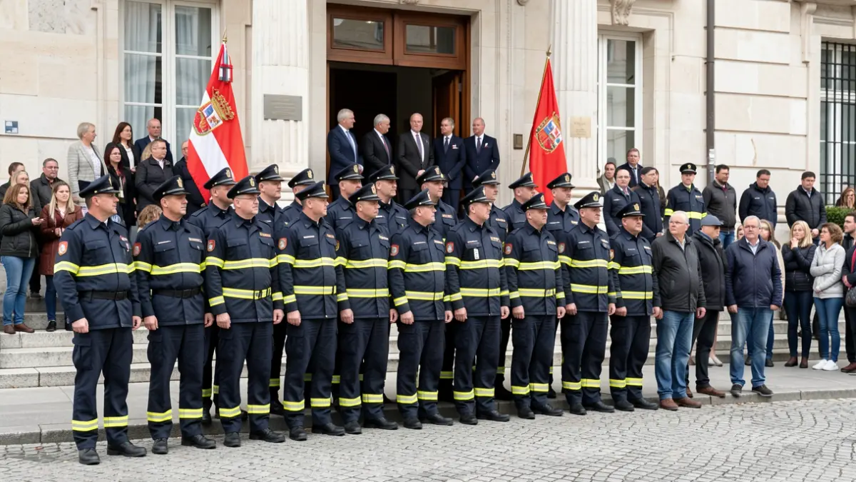 Imagen genérica de bomberos forestales búlgaros siendo recibidos por autoridades gallegas.