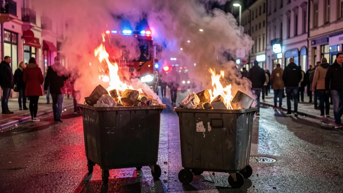 Imagen de dos contenedores en llamas en la calle por la noche, con humo y luces de emergencia.