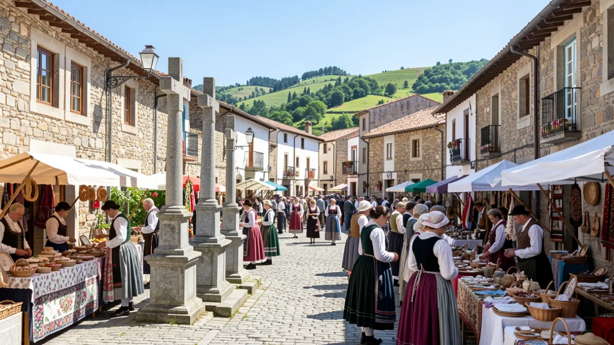 Imaxe dunha feira tradicional galega en Bóveda con postos de artesáns e xente.