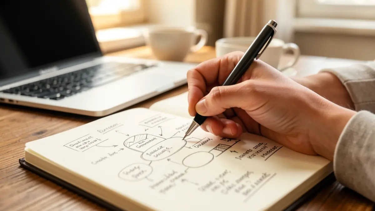 Primer plano de las manos de una mujer dibujando un plan de negocio en un cuaderno, con portátil y café desenfocados al fondo.