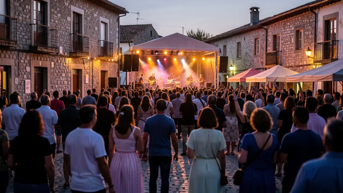 Imaxe xenérica dun festival de música ao aire libre nunha praza galega ao anoitecer, con luces de escenario e público difuminado.