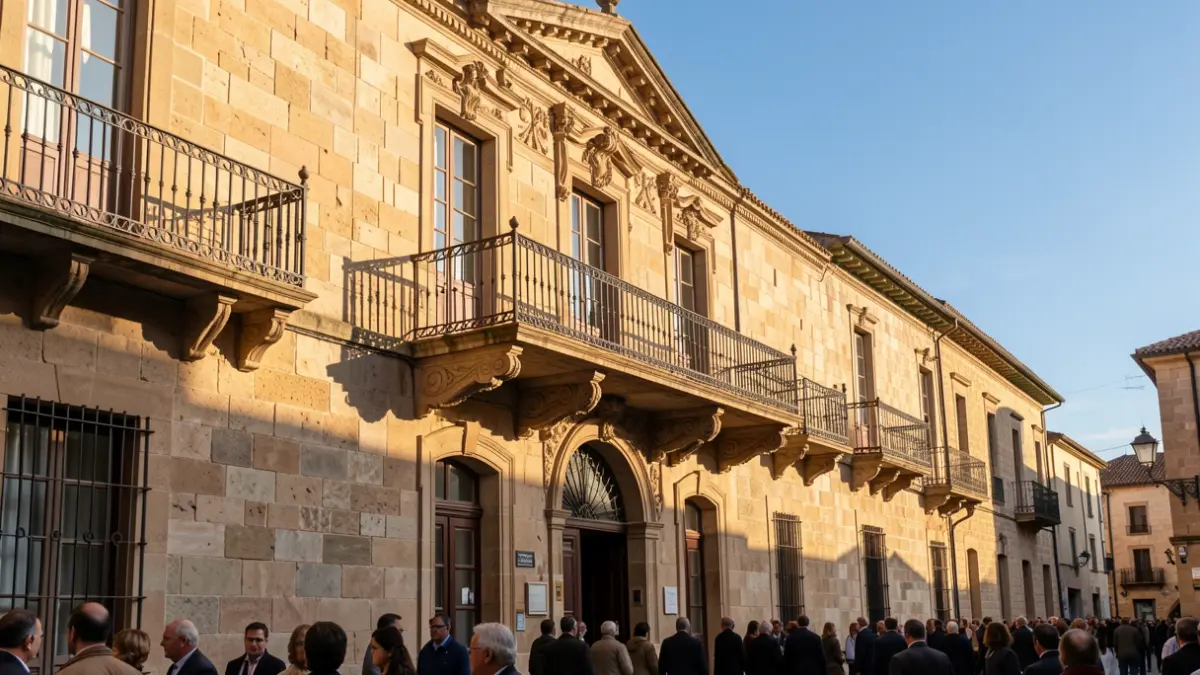 Fachada de pedra dun edificio consistorial galego con balcóns de ferro forxado.