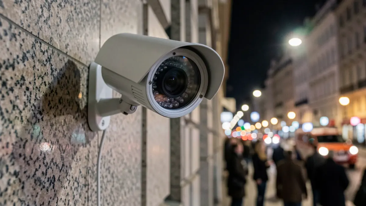 Primer plano de una lente de cámara de seguridad en un edificio de granito, con luces de la ciudad borrosas al fondo.