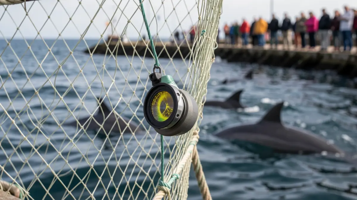Primer plano de una red de pesca con una lente de cámara térmica integrada, mostrando formas borrosas de delfines en el agua de fondo.