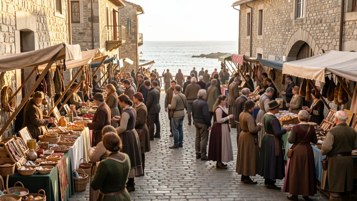 Imaxe xenérica dun mercado medieval con postos de artesanía e gastronomía en Camariñas.