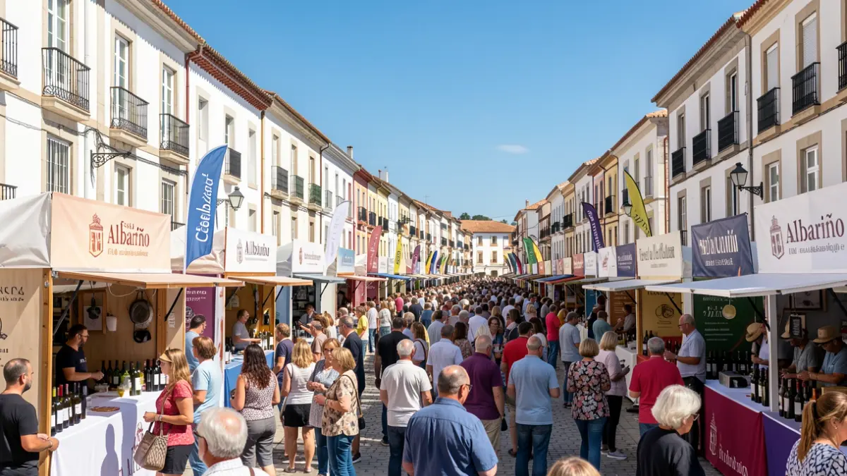 Imaxe xenérica dunha rúa festiva en Cambados durante a Festa do Albariño, con postos de degustación de viño e xente gozando.