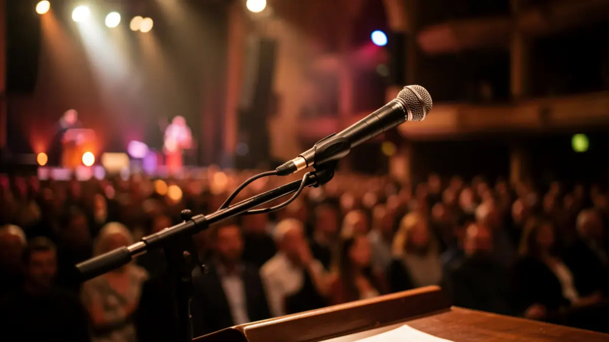 Imagen genérica de un micrófono en un escenario de conciertos.