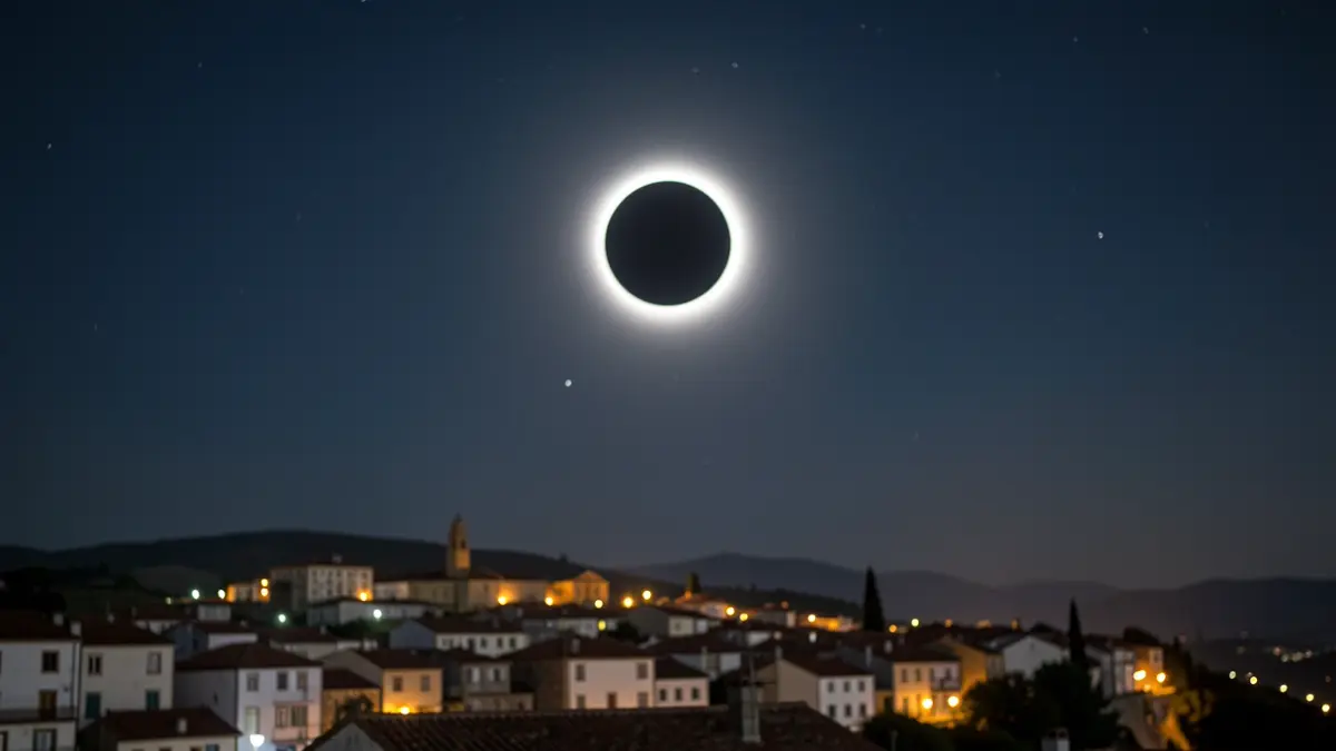 Imaxe dunha eclipse total de sol sobre unha localidade galega, con detalles do ceo nocturno e luces do pobo.