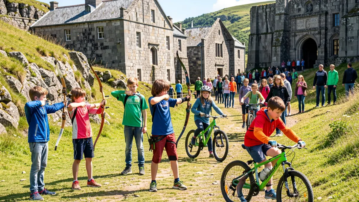 Imagen genérica de niños participando en actividades de aventura al aire libre en un entorno natural gallego.