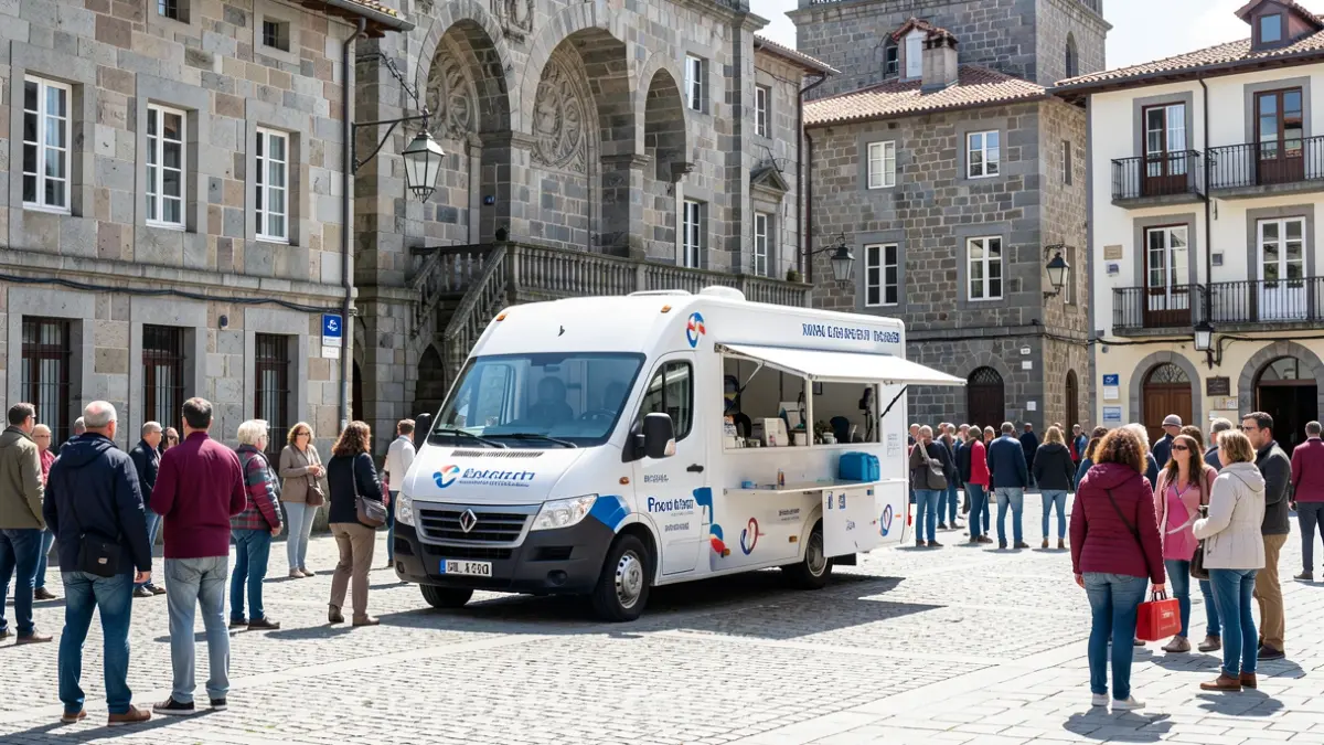 Unidade móbil de doazón de sangue instalada nunha praza soleada de Galicia con arquitectura de granito.