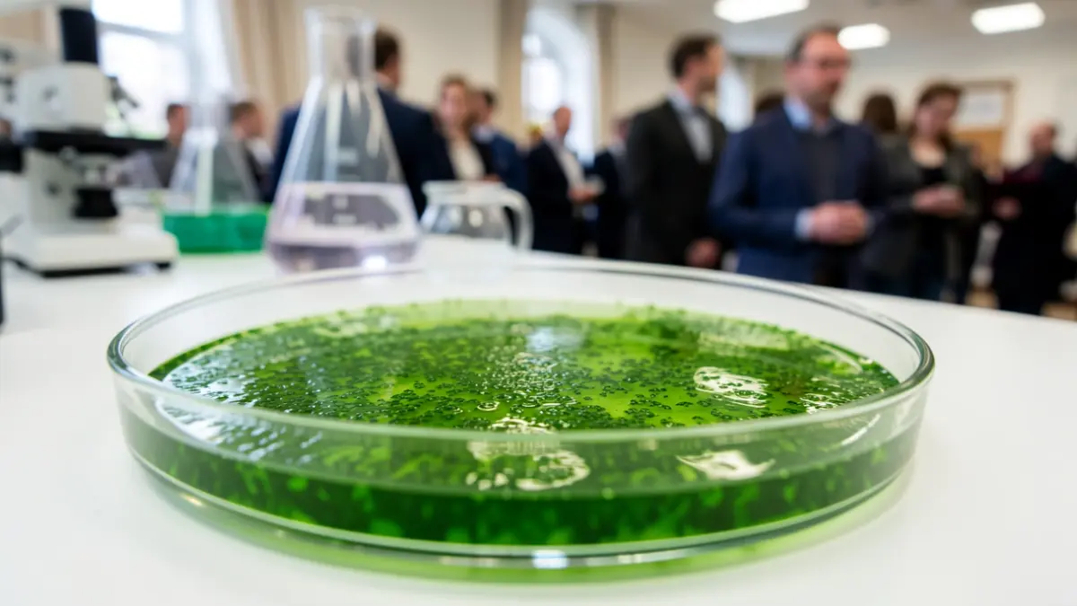 Primeira plana dun cultivo de microalgas verdes en laboratorio.