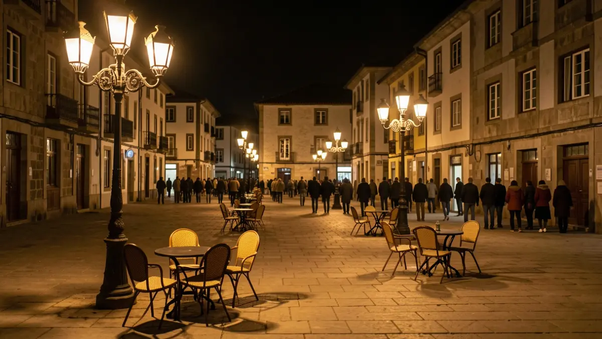 Imagen genérica de una plaza vacía en Galicia por la noche, con farolas de hierro y sillas de café esparcidas.