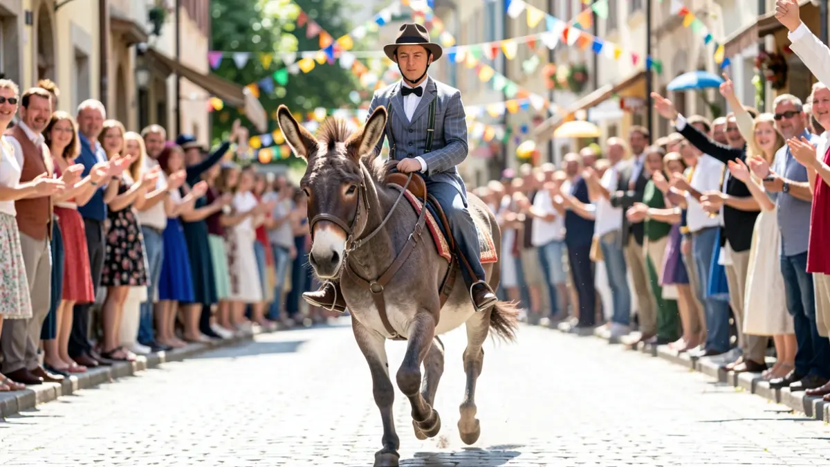 Imaxe dun burro correndo nunha carreira festiva con xente aplaudindo.