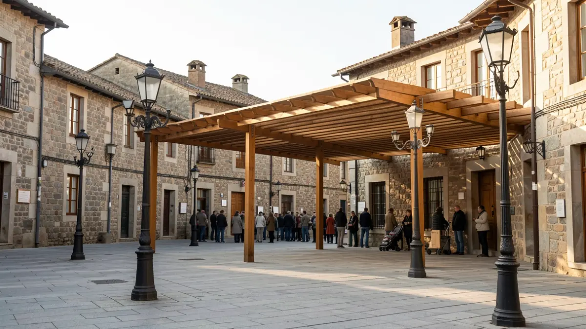 Imaxe dunha praza urbana con pavimento de pedra e mobiliario moderno nunha vila galega.
