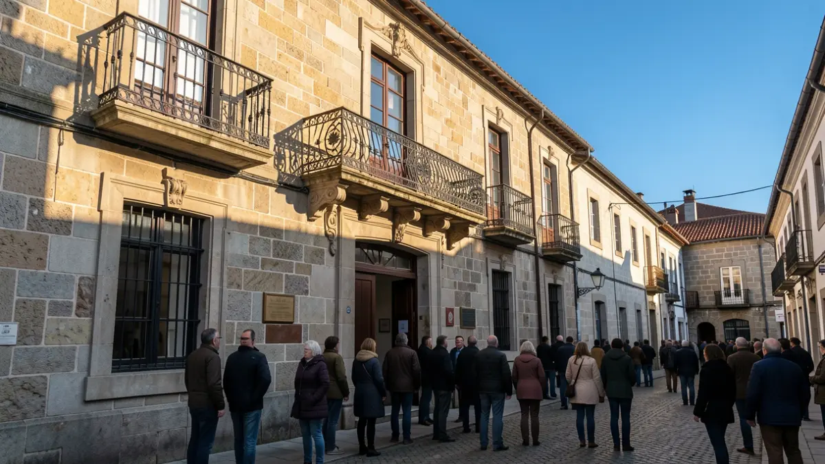 Imagen de la fachada de un ayuntamiento de piedra tradicional gallego con balcón de hierro ornamentado, a la luz del sol de la tarde.