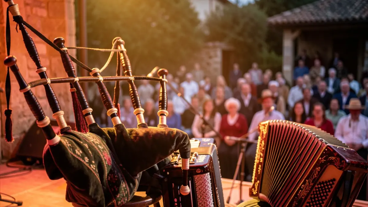 Imaxe dun escenario de música tradicional galega con instrumentos e iluminación cálida.