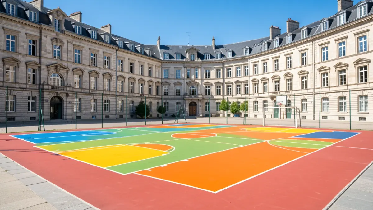 Imaxe dunha pista polideportiva moderna no centro de Carral, con edificios de granito ao fondo.